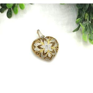 Vintage PAJ Pendant Gold Silver Toned Heart With Flower Design And Cz